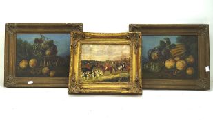 Two 19th century oil paintings of fruit still life, together with a traditional hunting scene,