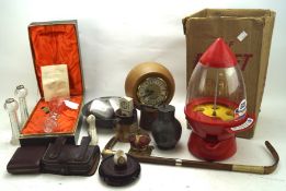 An assortment of collectables, including a travelling clock, pair of silver rimmed glass vases,