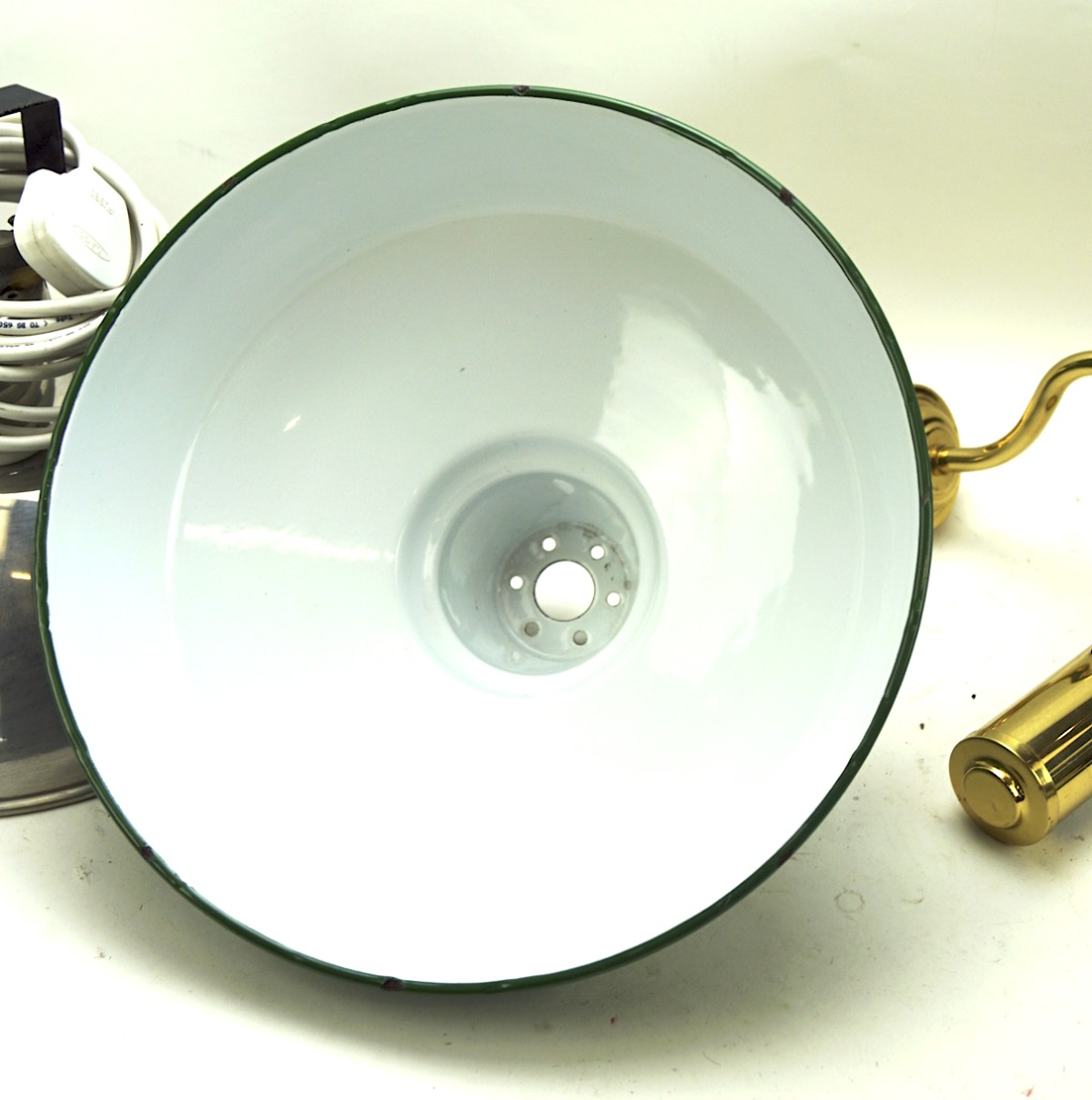 Two vintage ceiling lights and another, with one being a green enamel example with white interior, - Image 2 of 2