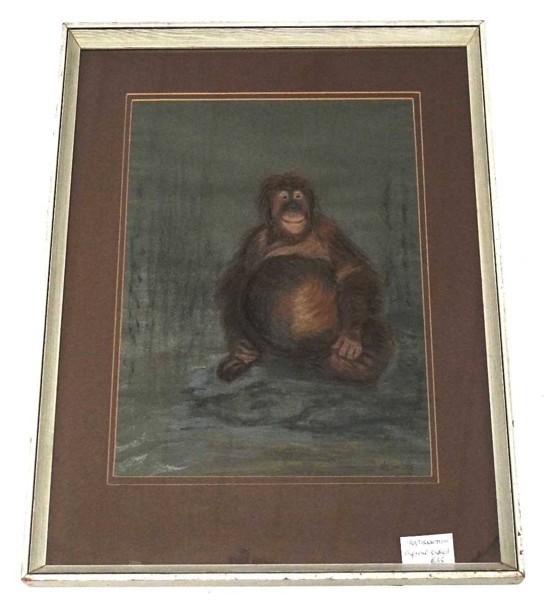 A large pastel drawing of an orangutan, titled 'Satisfaction', by Vicky Baker Carter, 44cm x 32cm.