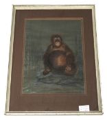 A large pastel drawing of an orangutan, titled 'Satisfaction', by Vicky Baker Carter, 44cm x 32cm.