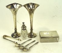 A selection of silver wares, to include a pair of spill vases, Victorian silver mounted glass dish,