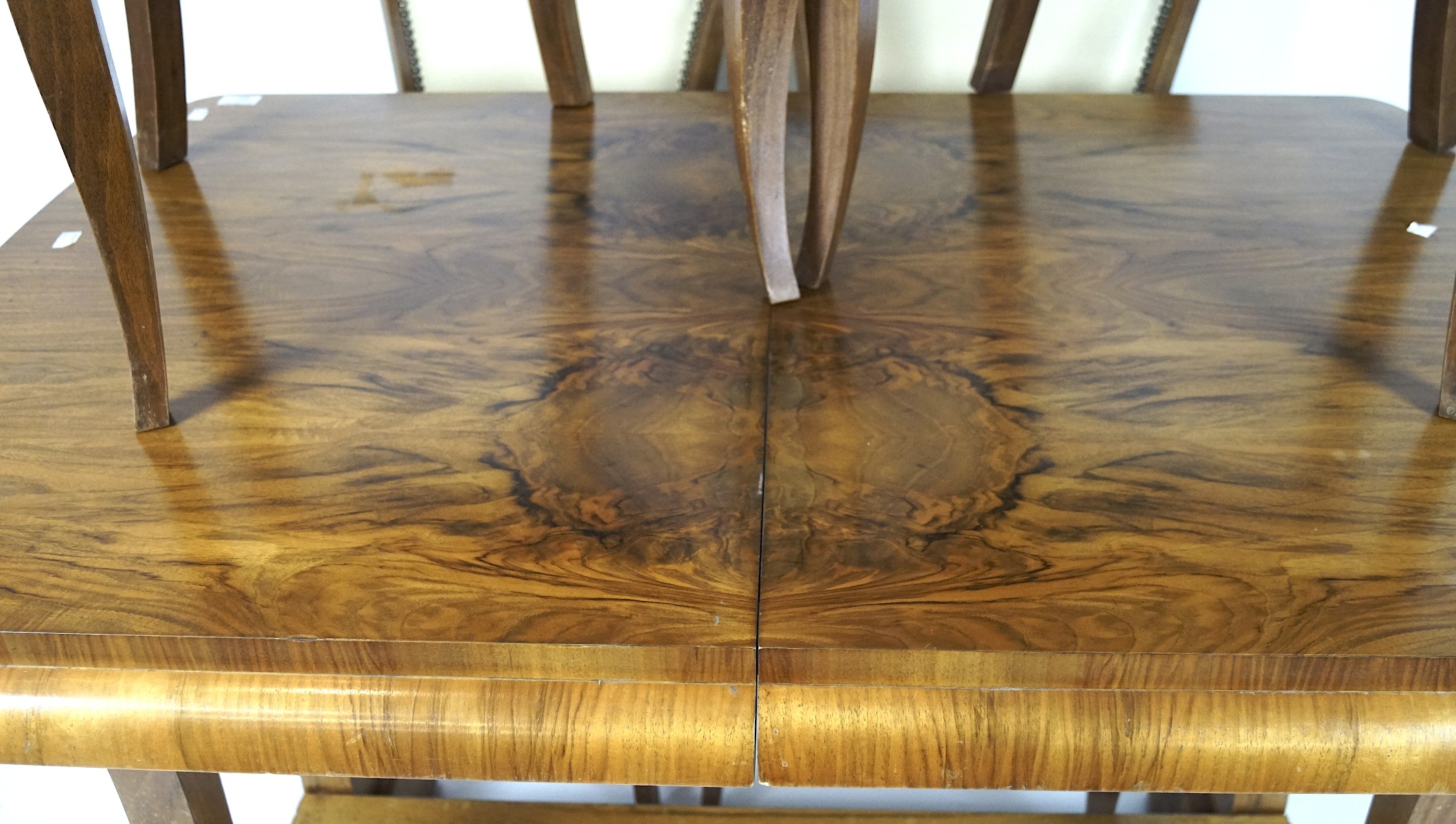 An Art Deco burr walnut veneer extending dining table, with four dining chairs, - Image 2 of 2