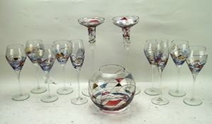 Twelve pieces of contemporary studio glassware, including wine glasses, candle sticks and more,