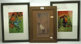 Two batik fabric paintings and a print, the print of a painting by Kano Senseki, featuring a crane,