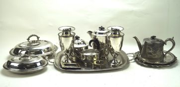 Collection of silverplate, including teapots, a tureen, pair of vases, a twin handled tray,