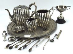 A collection of silver plate wares, to include a three piece 19th century tea set,