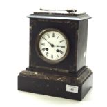 A late 19th/early 20th century striking slate mantle clock, the case with inlaid marble detailing,