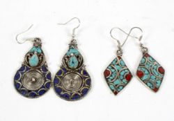 Two pairs of white metal & turquoise Mexican drop earrings,