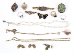 A collection of costume jewellery, including three 9ct gold and stone set rings,