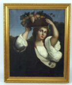 A late 19th century oil painting portrait, depicting a lady holding a loft a basket full of fruit,