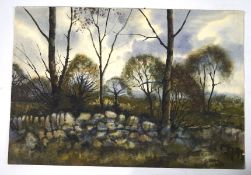 R. Slater, landscape painting on paper, inscribed verso Stone Wall & Trees