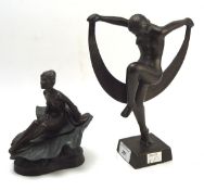 Two spelter figures, one depicting a Art Deco dancer with a scarf,