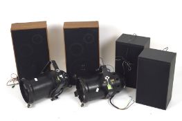 Two sets of vintage speakers and a pair of theatre lights,