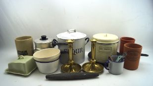 Assorted vintage kitchen ware, including an enamel 'Flour' tin, a ceramic cheese dish,