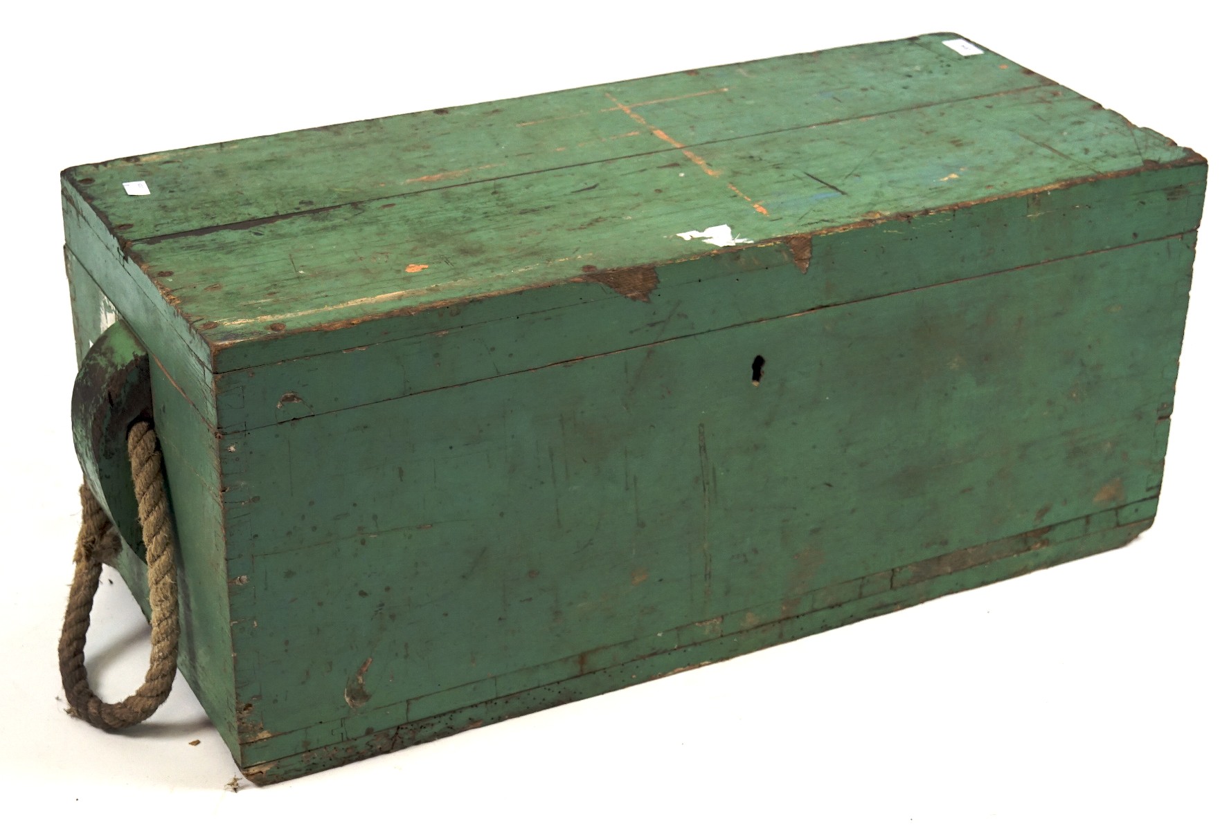 A vintage wooden toolbox with a fitted interior,