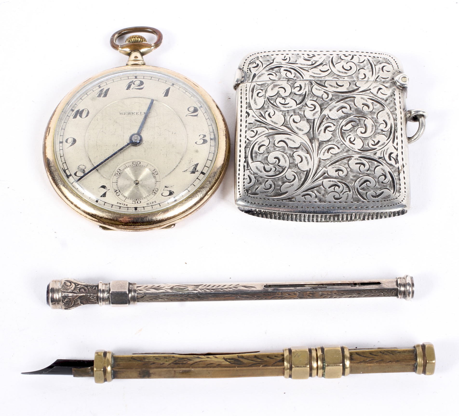 Assorted metal collectables, to include a silver vesta case, white metal propelling pencil, and more