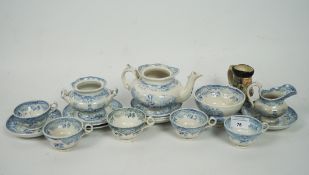 A late 19th century transfer printed blue and white Staffordshire style tea set,