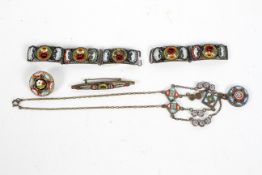 A selection of vintage micro mosaic jewellery, including a bracelet, bar brooch, a diamond brooch,