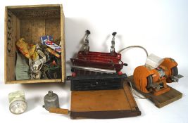 A Kef Motor bench grinder, a desk guillotine,