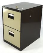 A two drawer metal filing cabinet, the exterior brown with grey drawers,