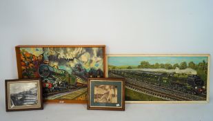 Two oil on boards of trains and two railway related photographs,