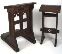 Two early 20th century oak kneelers, one carved and pierced with Gothic style details,