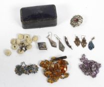 An assortment of jewellery, including brooches, pairs of earrings, beaded necklaces, buttons,
