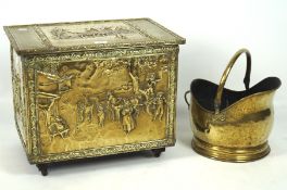 A late 19th century brass coal scuttle and a brass mounted log box,