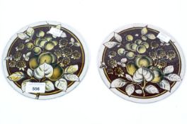 Two painted stained glass panels of circular form,