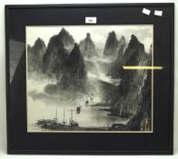 A contemporary black and white print, depicting a Chinese scene of lake and mountainous landscape,