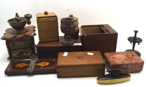 A collection of treen, including a coffee grinder, inlaid box, a goblet,
