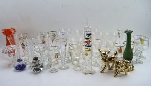 A large collection of drinking glasses and collectables including an inside painted snuffbottle,