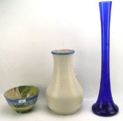 A large glazed ceramic Bourne Denby vase, a ceramic vase and a bowl