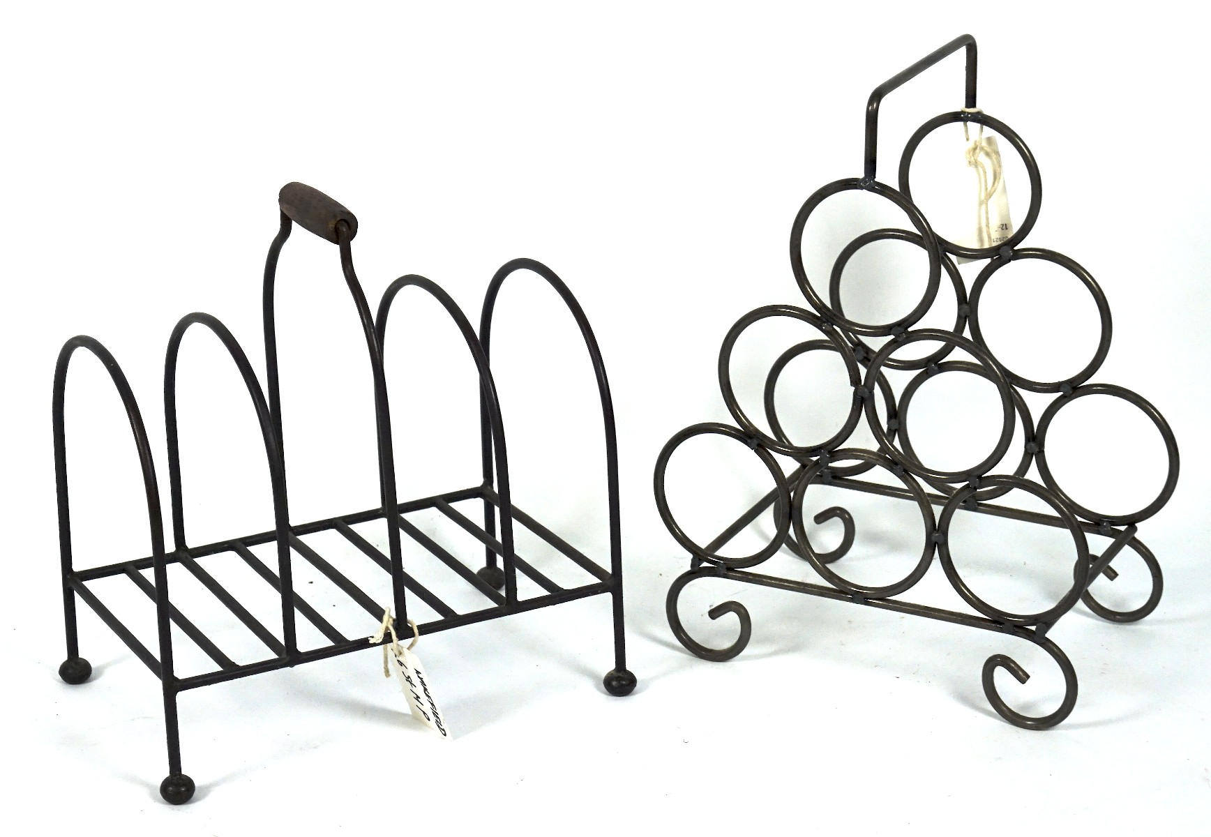 A tabletop metal wine rack and similar magazine rack, the wine rack with space for six bottles,