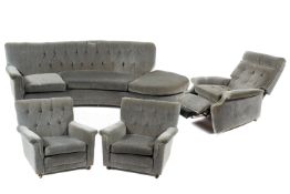 A four piece sofa and armchair suite, including a curved sofa and three armchairs,