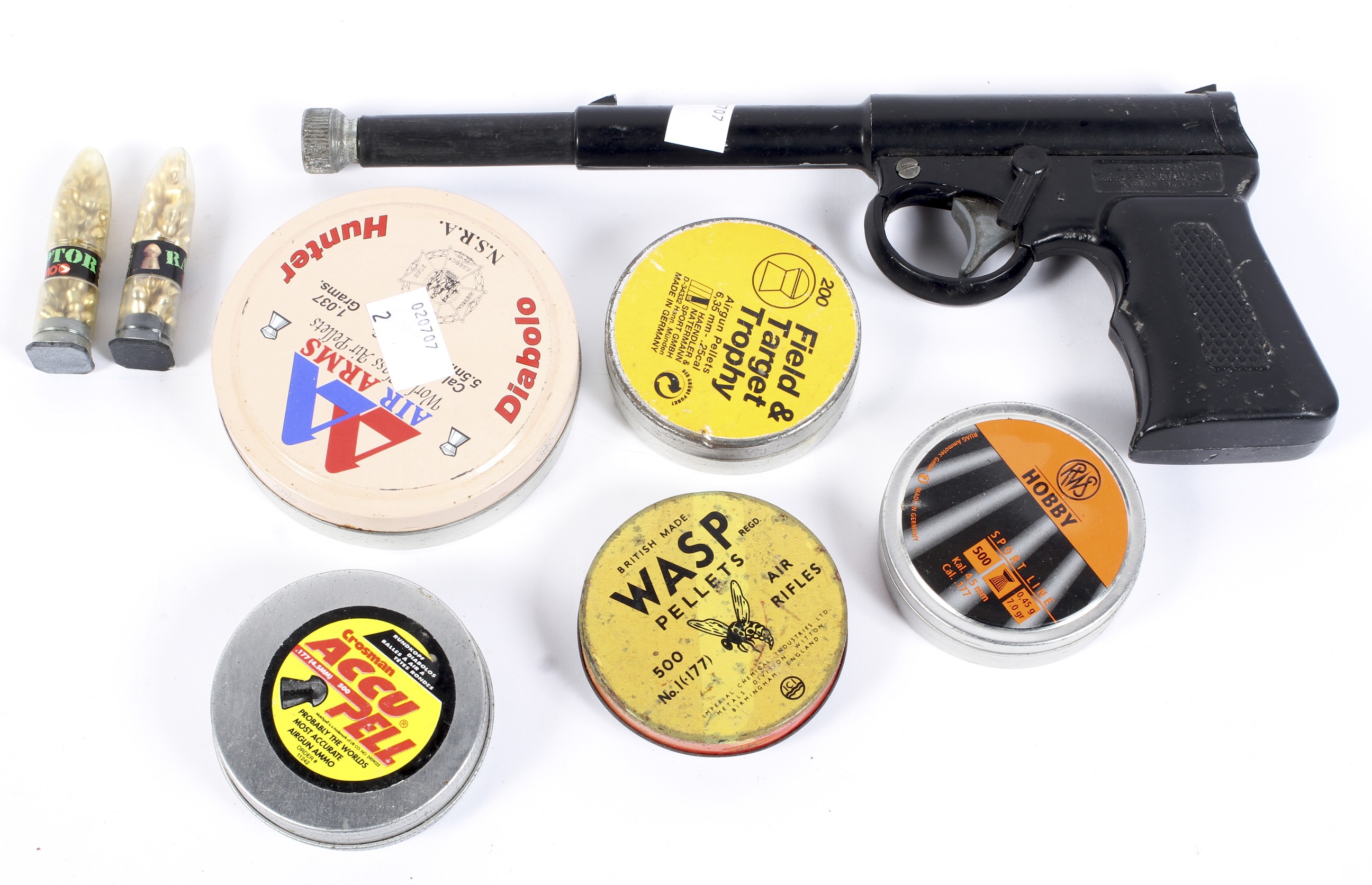 A T J Harrington & Son air pistol, together with a selection of air gun pellets in tins