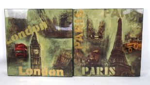 Two contemporary prints on boards, titled 'London' and 'Paris',