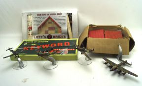 A selection of Corgi battle planes and two boxes of wooden building blocks,