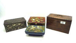 A wooden tea caddy and three metal boxes,