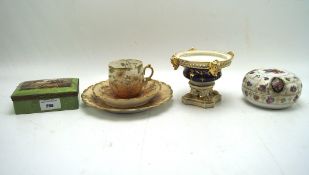 Assorted ceramics including a Dresden box decorated to the lid with a hunting scene