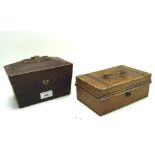 A 19th century mahogany veneer tea caddy and a metal money tin,