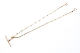 A yellow metal albert chain marked ACC 9Ct. with T bar and lobster clasp. 12.5g.