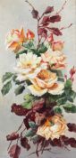 A large Edwardian oil on canvas depicting a floral still life, showing Roses and vines,