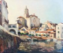 Ezequiel Torroella Mato (Spanish) (1921-1998) 'A Spanish town by the sea' oil on canvas signed