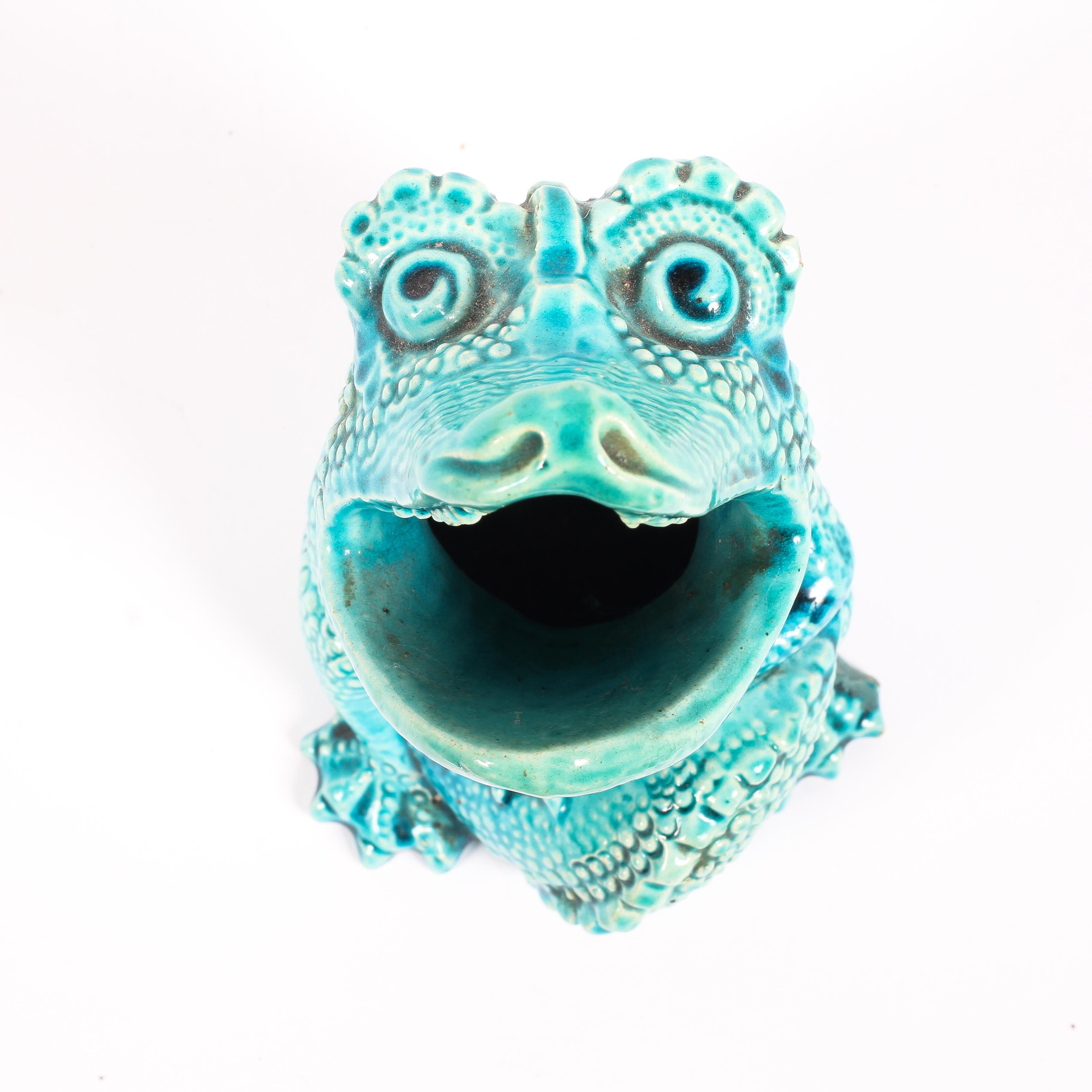 A Burmantofts Faience turquoise glazed spoon warmer in the form of a crocodile, late 19th century, - Image 2 of 3