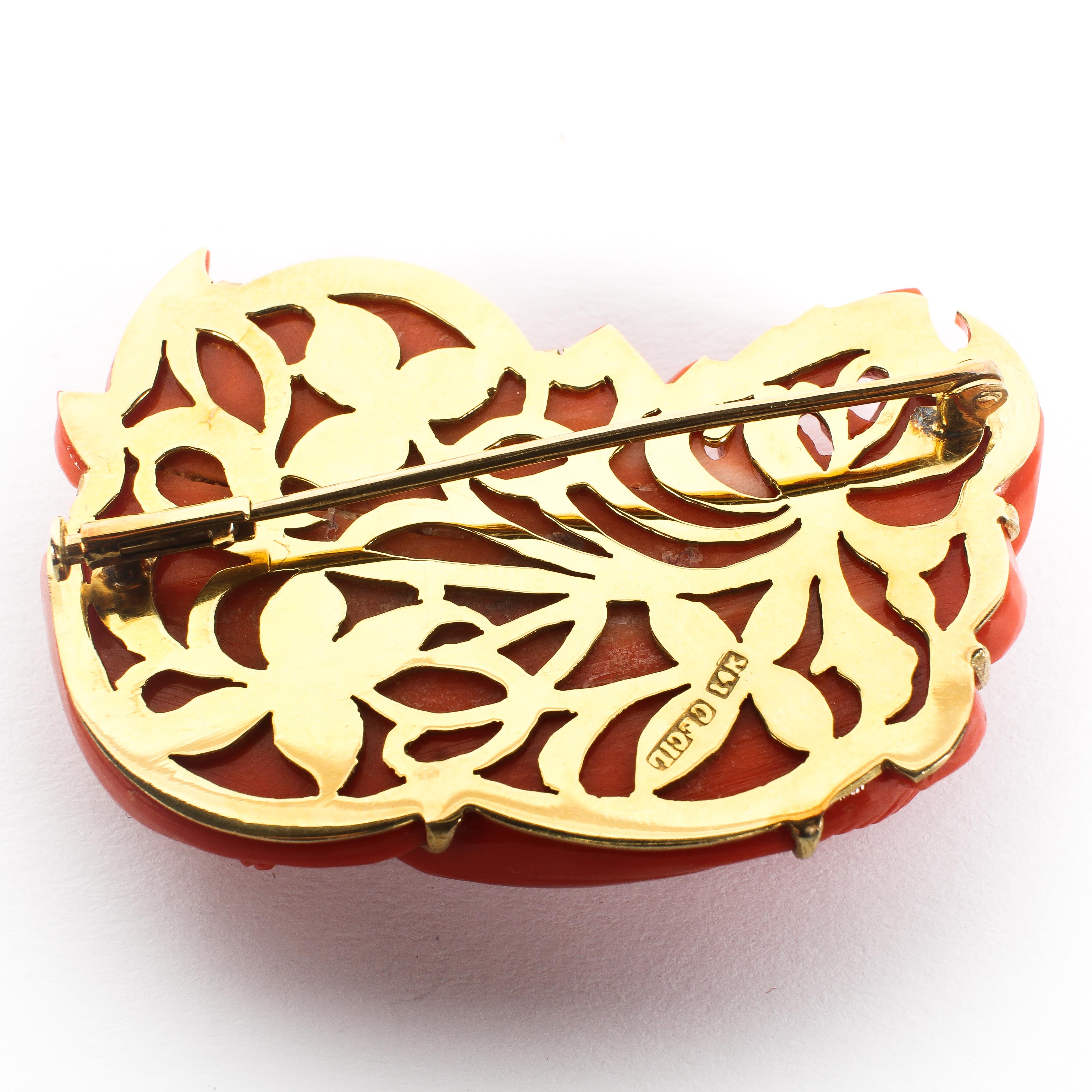 A 14ct gold mounted coral carved Art Nouveau style brooch, depicting flowers and berries, - Image 2 of 8