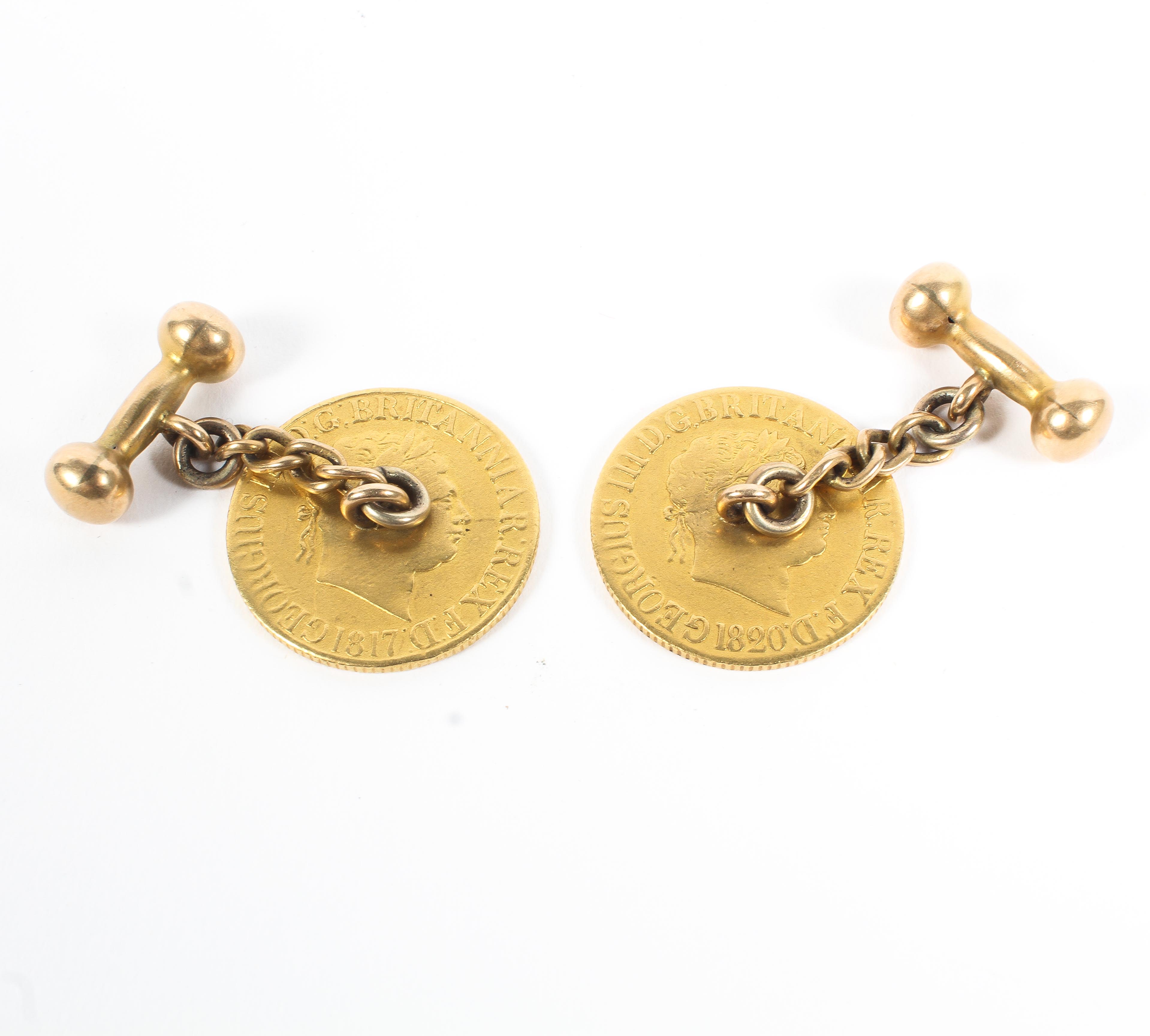 A pair of George IV gold sovereign cufflinks, one 1871, the other 1820, - Image 2 of 2