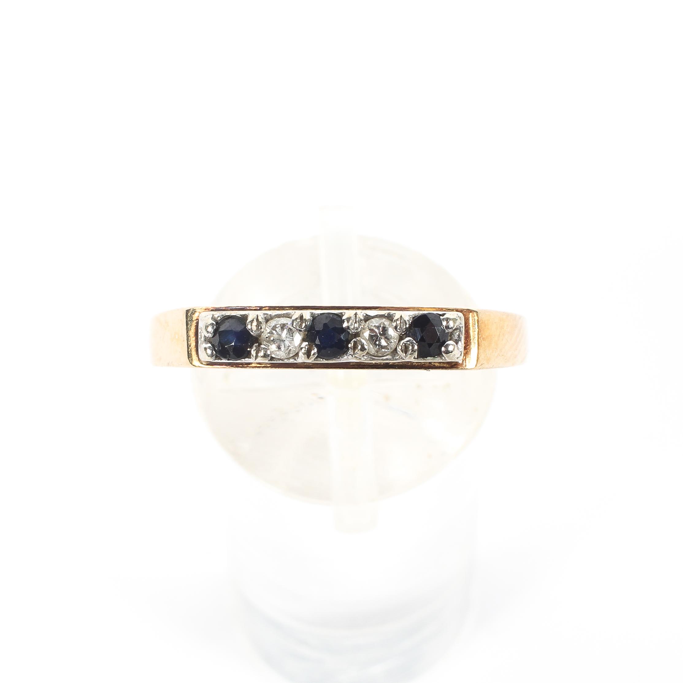 A 9ct gold sapphire and diamond dress ring, set with three round cut sapphires and two diamonds, - Image 2 of 4