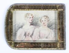 An early coloured pencil sketch depicting two ladies, each in elegant period dress,